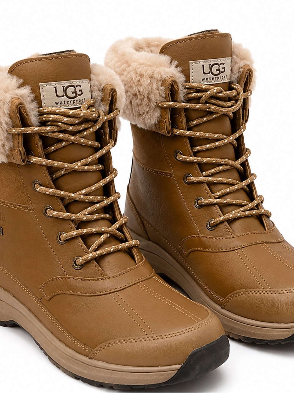 UGG Women's Tan Waterproof Fur-Collar Lace-Up Winter Boots